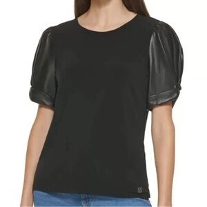 DKNY Faux Leather Puff Sleeve Top